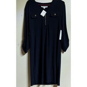 Emma & Michele New Navy Blue Zippered V-Neck Belted Dress Small No Belt